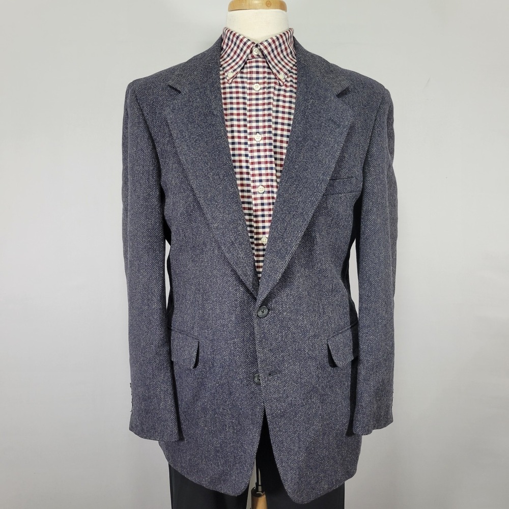 VTG Tweed Style Mens Sport Coat Blazer Two Button Navy Gray Herringbone Wool 42L